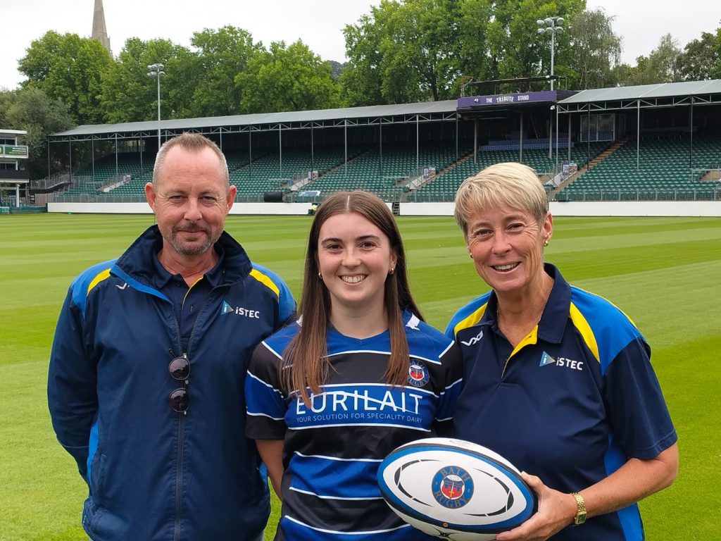 ISTEC team with Bethan Thomas from Bath Rugby Woman's Team